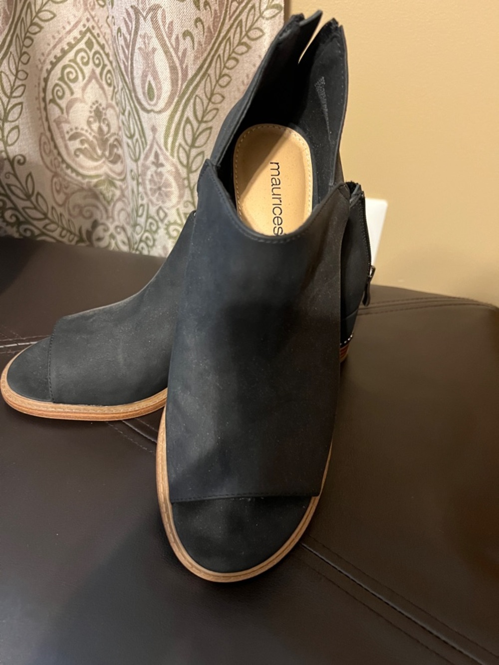 Maurices Black Open-Toe Suede Booties with Wood-Look Sole
